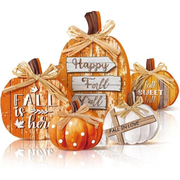 5 Pcs Fall‎ Thanksgiving Decorations for Home Fall Wooden Pumpkin Tabletop Signs - Picture 1 of 8